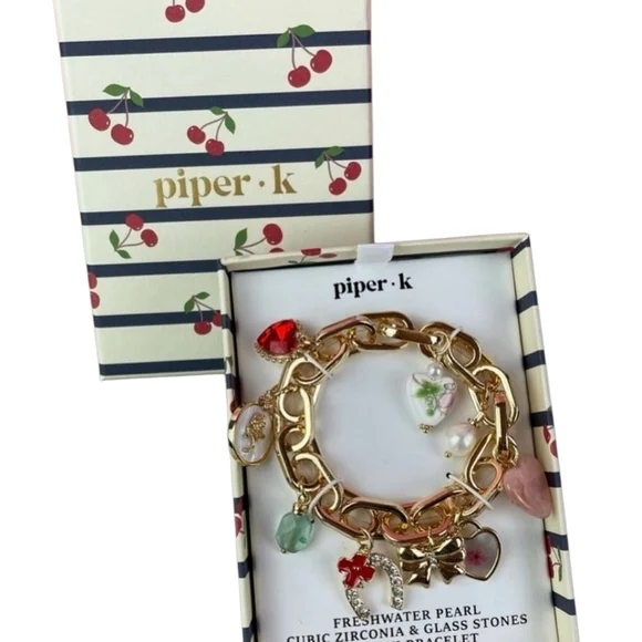 Piper K Freshwater Pearl Cubic Zirconia & Glass Stones Gold Stretch Bracelet - Picture 2 of 5